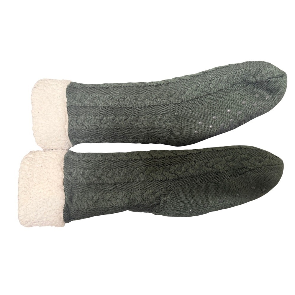 Huggle Slipper Socks Green Cable Knit Non-Slip Sole
